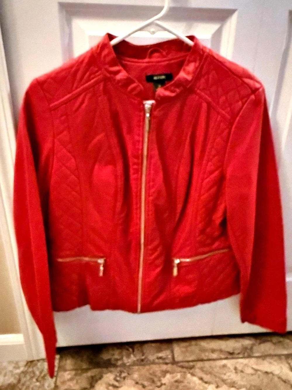 Alfani Quilted Zip Front Leather Jacket in Red Like New